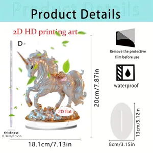 2D acrylic unicorn tabletop standee ornament with clear dimensions and base display detail.