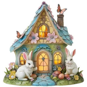 Easter bunny resin house figurine with glowing warm LED lights and fairy tale flower decor