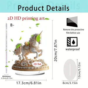 Acrylic unicorn desktop standee ornament with floral base, 2D flat printing, clear dimensions.