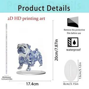 2D acrylic bulldog ornament with blue and white porcelain pattern, perfect home desktop decor.