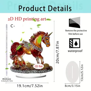 2D acrylic unicorn tabletop ornament with gold coins base, waterproof detail stand gift.