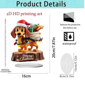 Christmas dachshund acrylic standee 2D tabletop decorative ornament with wooden base.