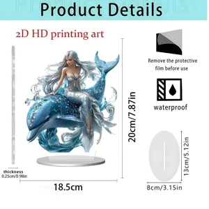 2D acrylic standee detail view showing mermaid design, dimensions and waterproof features.