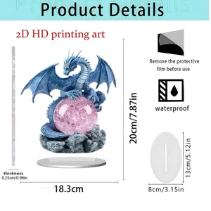 2D acrylic dragon standee detail view showing precise product dimensions and waterproof feature.