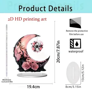 Details of the pink moon acrylic ornament showing thickness, dimensions, and waterproof feature.