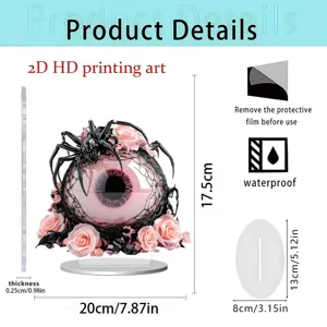 2D acrylic flat ornament featuring giant pink eyeball spider and roses home office decor