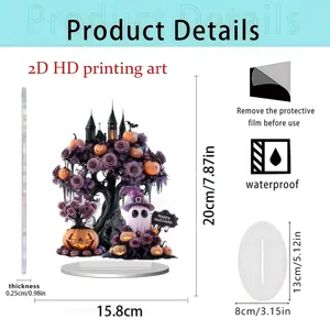 Halloween 2D acrylic flat ornament featuring castle and pumpkin design, desktop decor item.