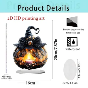Halloween acrylic pumpkin witch hat ornament detail graphic showing clear size dimensions.