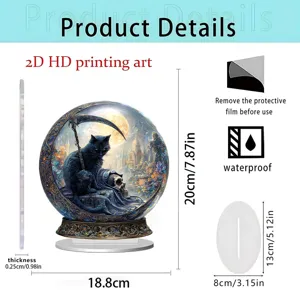 Gothic black cat acrylic ornament 2D HD print fantasy desktop decor with display base.