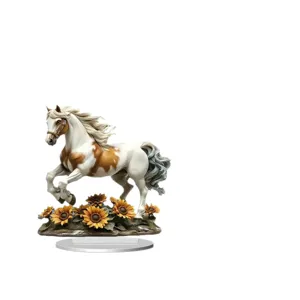 Acrylic running horse ornament with sunflowers, desktop decor for home and office use.