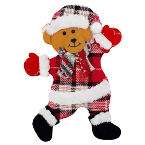 Ornamento sospeso orsetto di peluche per albero di Natale, vestito da Babbo Natale a quadri rossi.