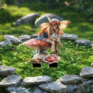 Acrylic fairy garden stake detail showing the colorful butterfly wing elf on mushroom ornament.