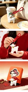 Cute leather sheep keychain with red strap and lucky coin, perfect new year gift bag charm.