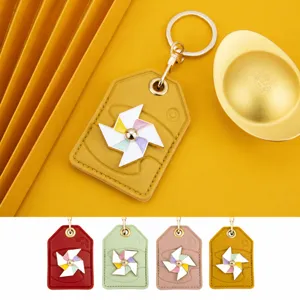Leather Lucky Bag Keychain Access Card Holder Chinese Style Rotating Windmill Key Ring Pendant Bag Charm For Women Men