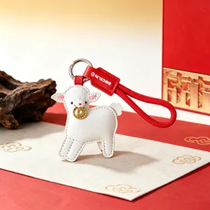 White Sheep Leather Keychain New Year Lucky Wealth Lamb Bag Pendant Red Woven Strap Key Ring Gift For Men Women Accessories