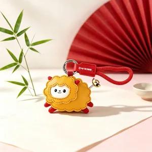 Cute leather sheep keychain with red strap and bell, perfect Chinese New Year car ornament.