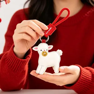 Cute white leather sheep keychain with lucky coin, festive red lanyard gift for men women
