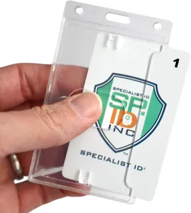 Clear hard plastic ID badge holder with thumb slot, durable protective card case for work.