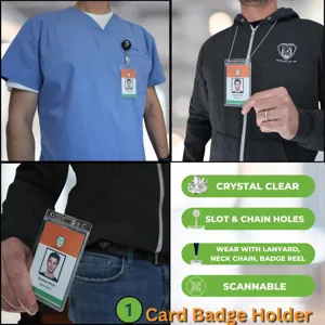 Clear hard plastic ID card badge holder, transparent protective case with thumb slot for office work.