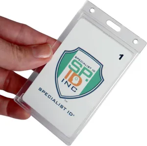 Clear rigid plastic ID card holder with thumb slot, durable protective badge case for work.
