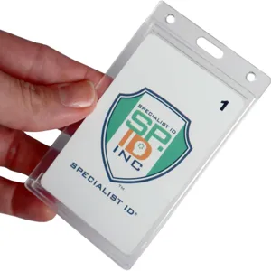Clear hard plastic badge holder, transparent ID card protector case with thumb slot.
