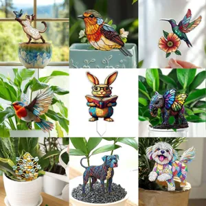 Acrylic stained glass animal plant stake detail, perfect for potted plant and garden decoration.