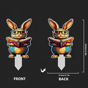 Acrylic potted plant decorative insert, cute reading rabbit design, double-sided garden stake.