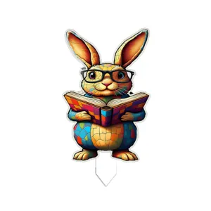 Cute colorful mosaic rabbit reading book acrylic plant pot decorative garden stake sign.
