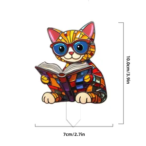 Stained glass cat reading book acrylic plant stake decorative flower pot insert ornament