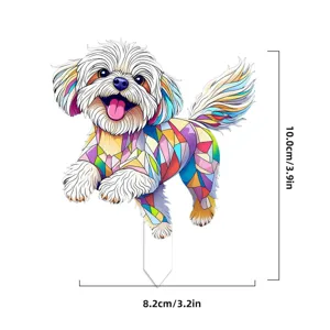 Colorful puppy acrylic plant stake detail, cute decorative flower pot insert for potted plants.