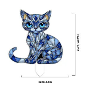Acrylic stained glass blue cat plant stake decorative insert for flowerpots and gardens.