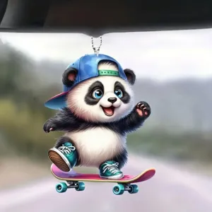 Mignon Pendentif Acrylique Panda Skate Dessin Animé Ornement de Rétroviseur de Voiture Mode Porte-Clés Décoration de Sac