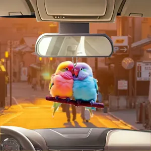 Cute Couple Parrot Acrylic Keychain Car Rearview Mirror Hanging Ornament Cartoon Bag Pendant Fashion Jewelry Gift