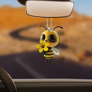 Cute 2D acrylic bee car rear view mirror hanging ornament with yellow flower and ball chain