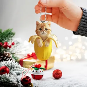 Cute acrylic banana cat keychain pendant, creative bag charm ornament for keys and backpack.