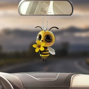 Cute big-eyed cartoon bee acrylic car rearview mirror hanging pendant, lovely interior decor.