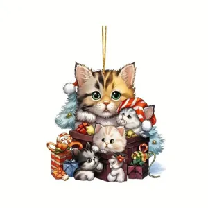 Cute cat acrylic hanging ornament detail view, perfect for car decor and holiday gifts.
