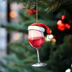 Ciondolo Piatto in Acrilico Bicchiere di Vino Rosso Cappello di Babbo Natale Creativo Decorazione Albero di Natale