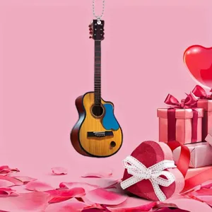 Detailed view of acrylic guitar car hanging ornament, creative backpack pendant accessory.