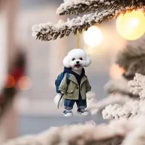 Cute white dog acrylic hanging ornament, 2D flat car pendant for Xmas tree decor.