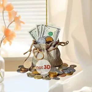 Acrylic money bag car hanging ornament, 2D flat dollar cash pendant rearview mirror decor