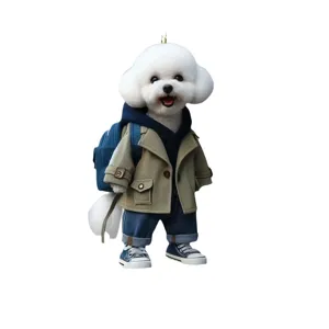 Cute 2D acrylic dog keychain detail view, stylish cartoon pet bag pendant for car decoration.