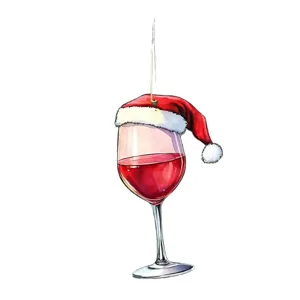 Ornamento appeso di vetro di vino di Natale in acrilico ciondolo piatto 2D per albero auto