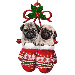 Pendentif D'Arbre De Noël Plat En Acrylique 2D Chien Mignon Chapeau De Père Noël Cadeau De Noël Ornement Suspendu Décoration De Fête Fournitures De Vacances