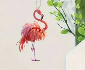 Close-up of a pink flamingo acrylic car hanging ornament, featuring vivid detail and color.
