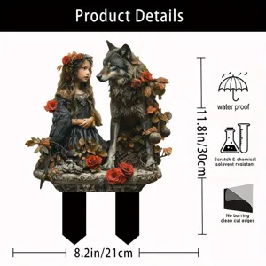 Acrylic gothic fantasy wolf and girl garden stake outdoor yard decoration detail view
