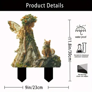 Acrylic garden stake detail showing waterproof feature, scratch resistance and precise dimensions.