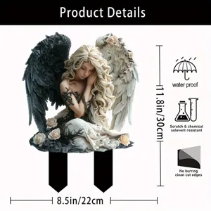 Acrylic garden stake featuring an angel design with black and white wings and roses decor.