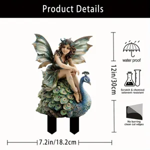 Acrylic garden stake detail showing fairy on peacock design with size and waterproof features
