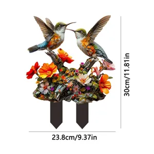 Acrylic hummingbird garden stake detail view, floral yard art decoration, outdoor sign.